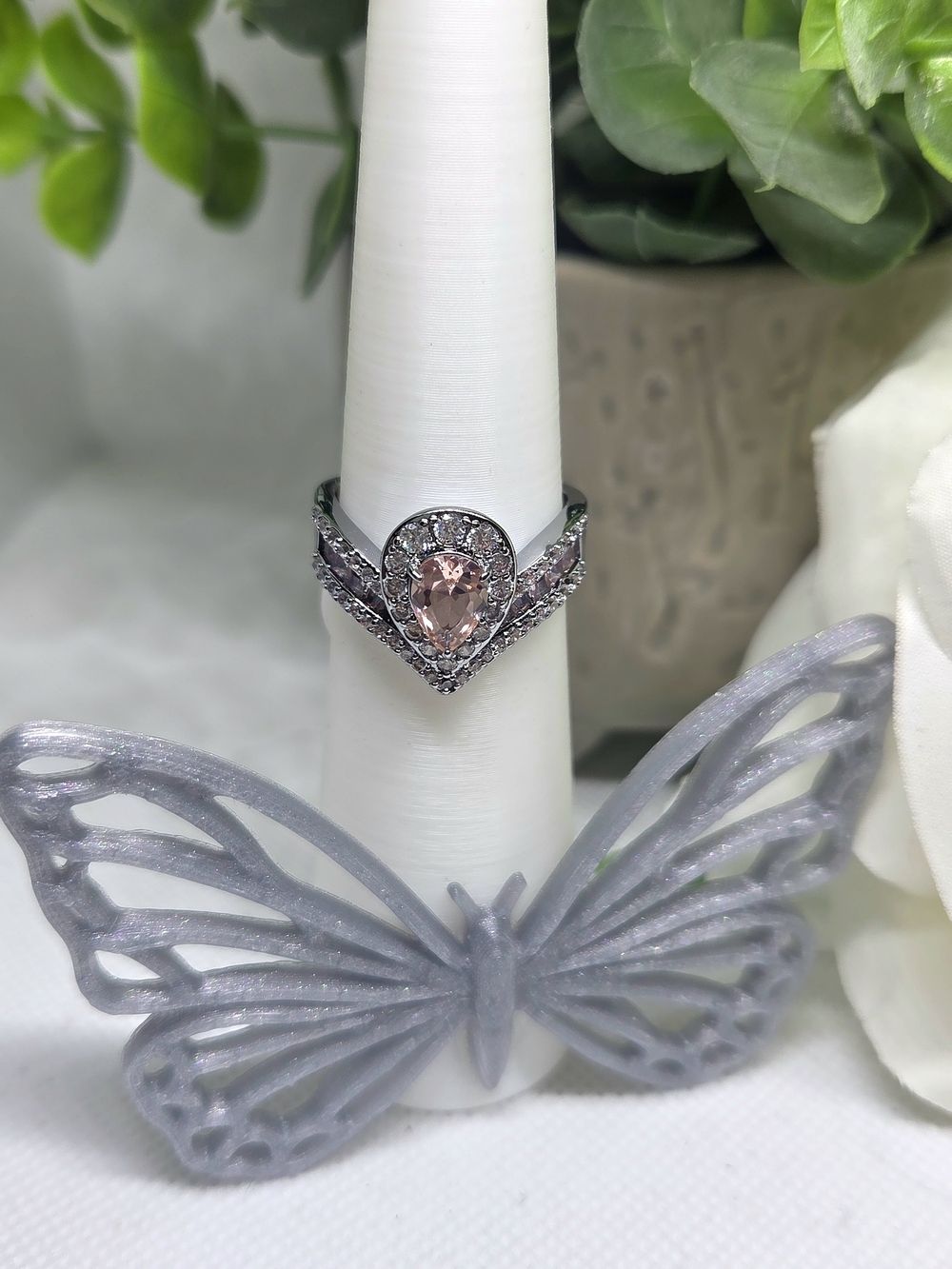 Elegant Rose Pear Halo Ring in Silver